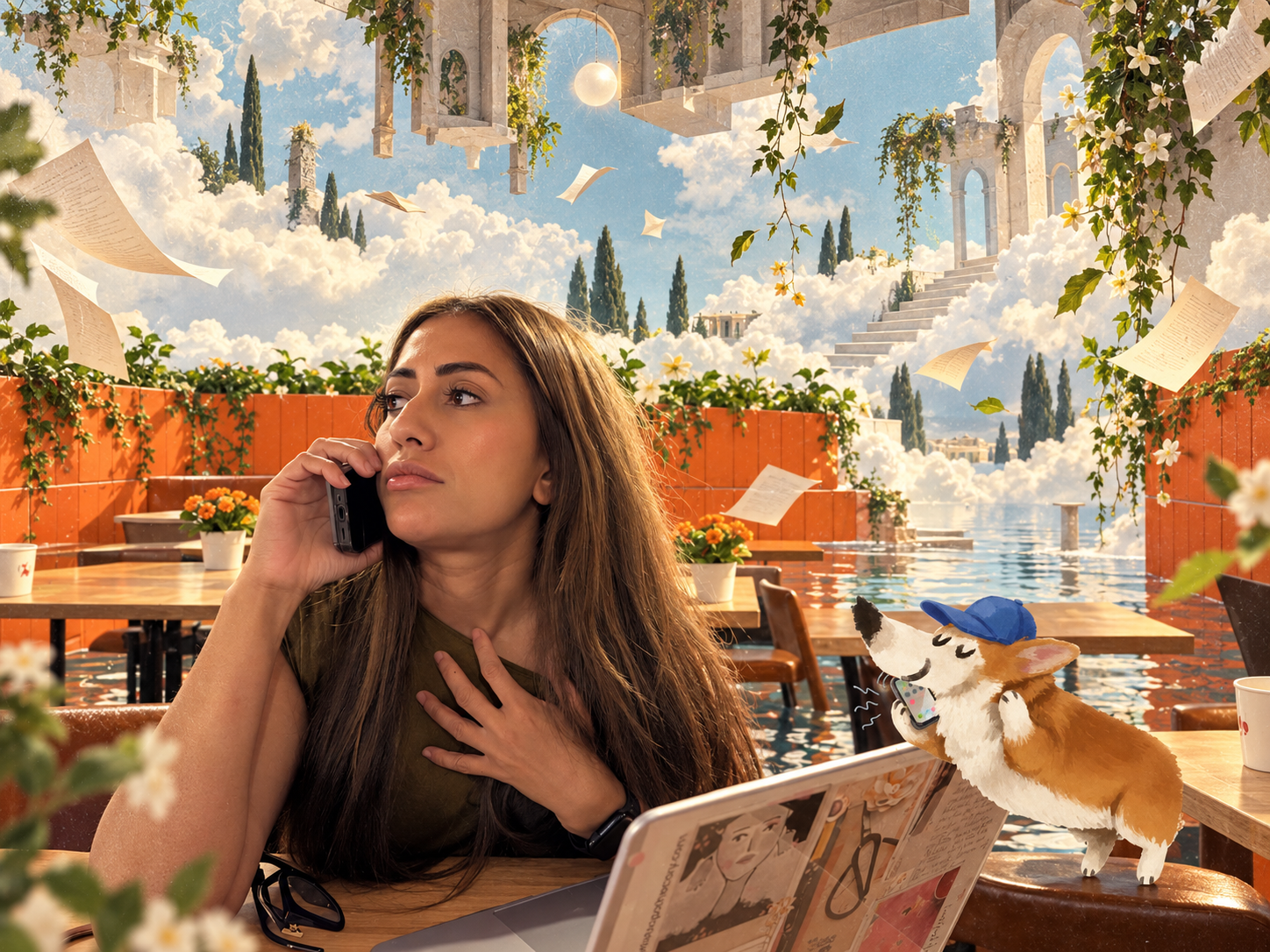 Sima working in a surreal cloud-filled café beside an illustrated corgi