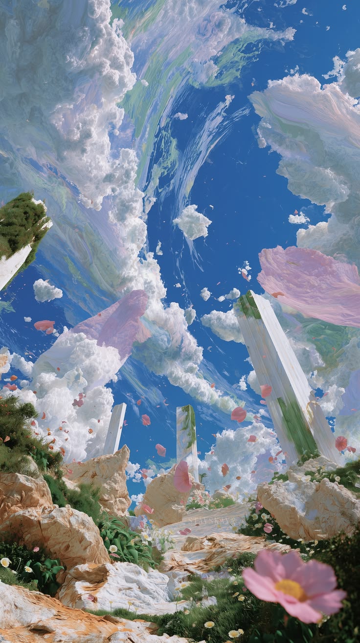 A dreamlike blue sky opening above flowers, clouds and crystalline forms