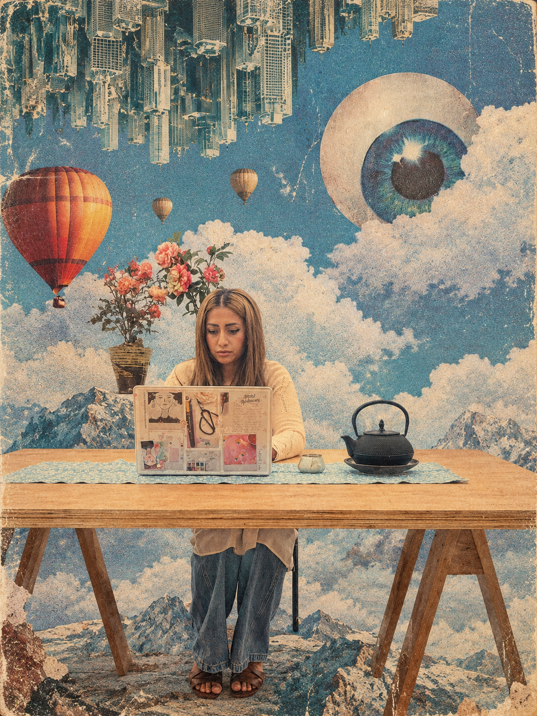 Sima Rahman-Huang working at a table within a surreal city-and-cloud collage