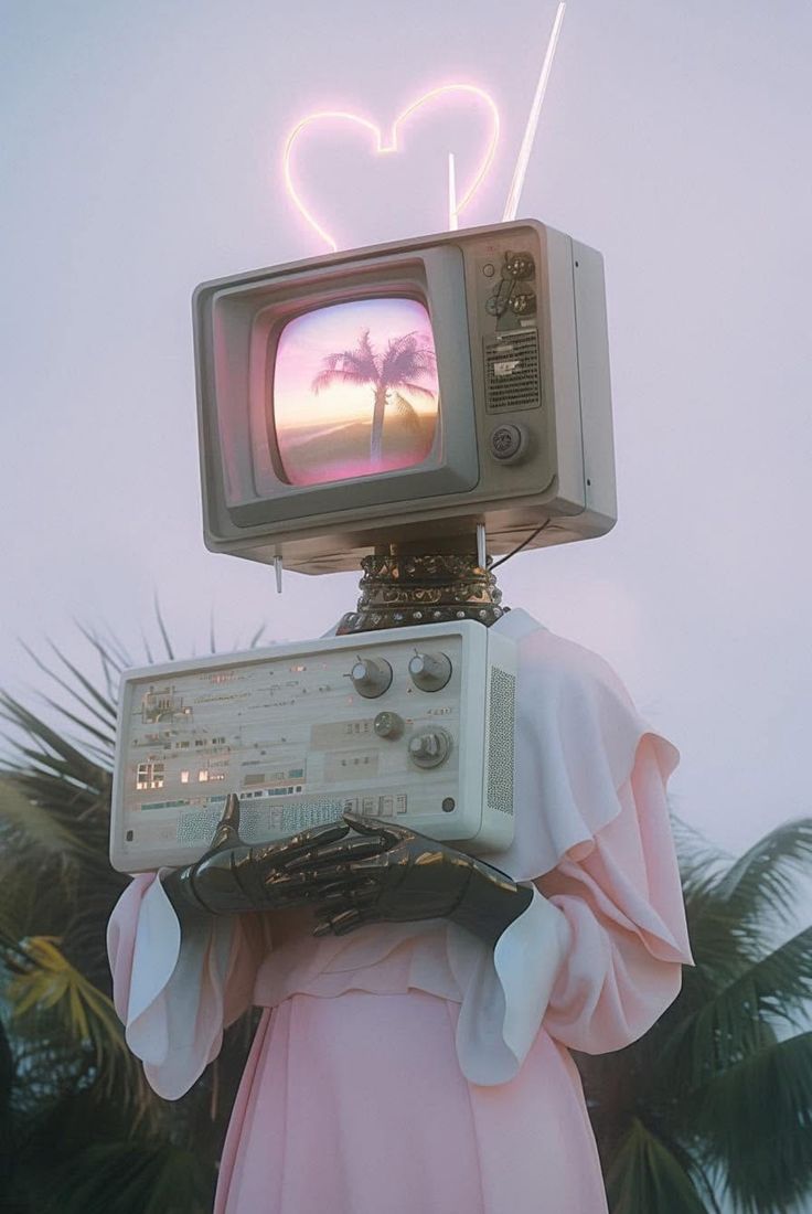 A surreal retro television-headed figure beneath a glowing heart