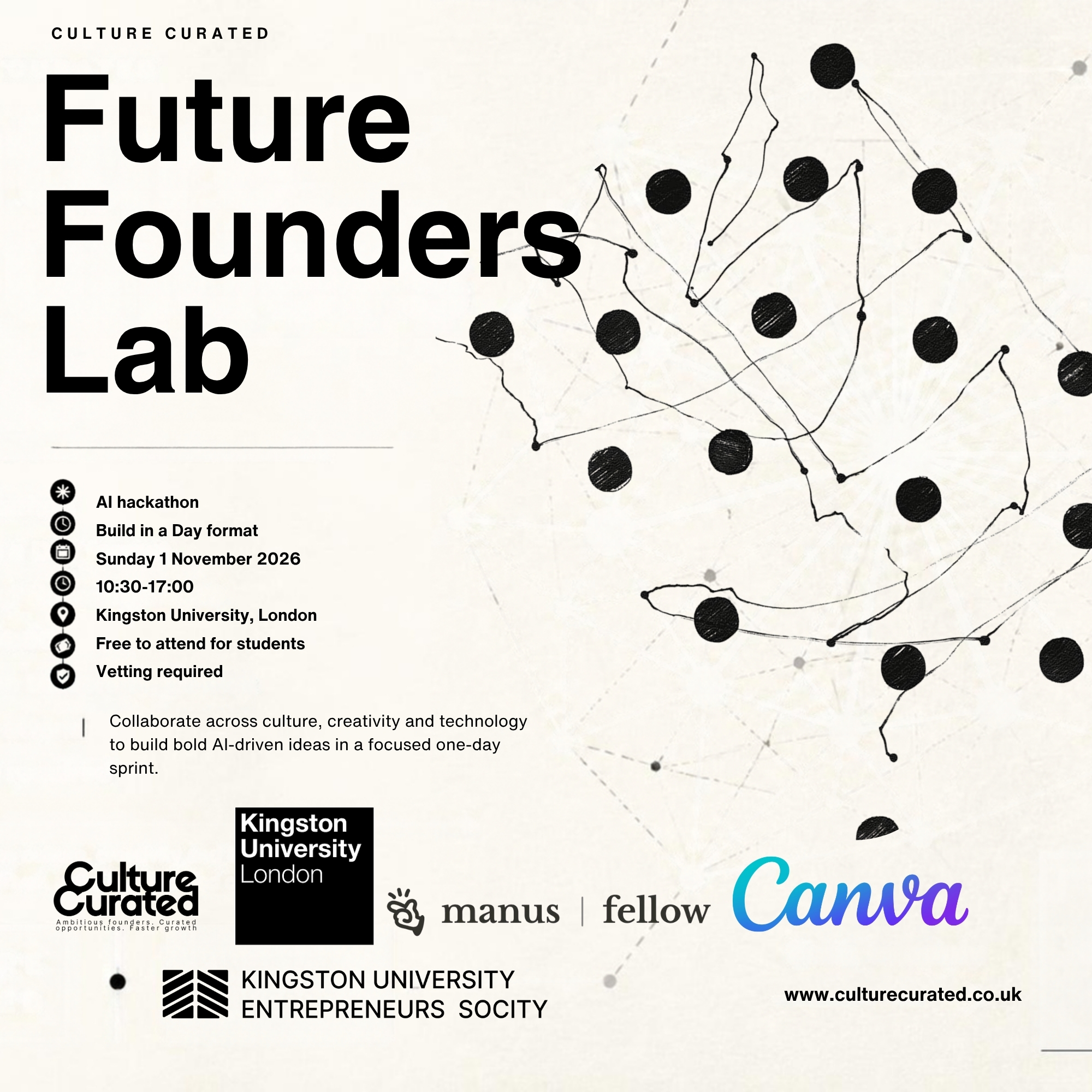 Future Founders Lab flyer showing the 10:30–17:00 event time and Canva sponsorship