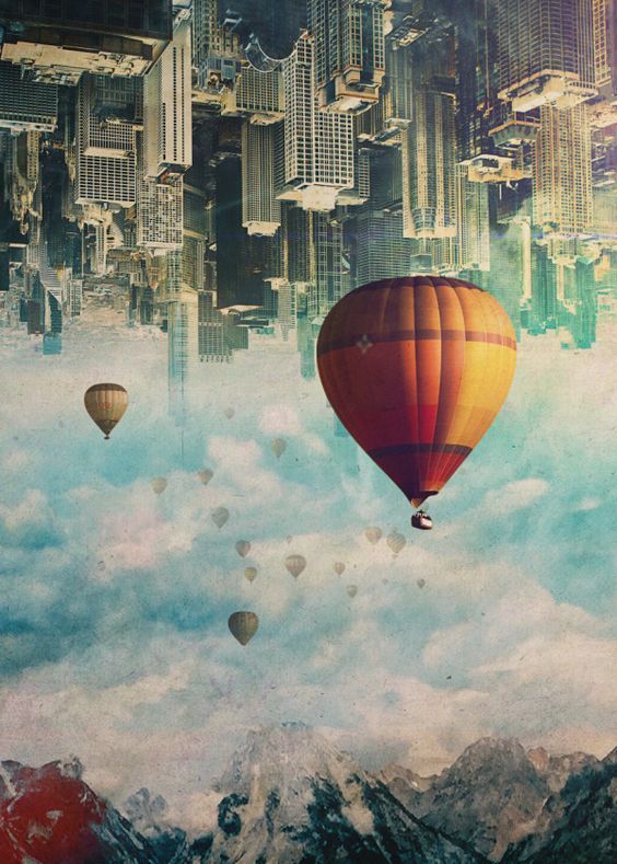 Hot-air balloons floating between an inverted city and mountain landscape