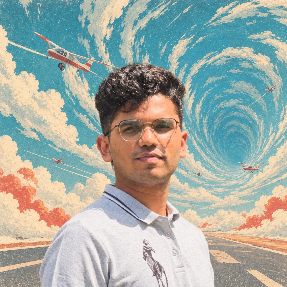 Ishan Tandel in a surreal aviation and cloud landscape