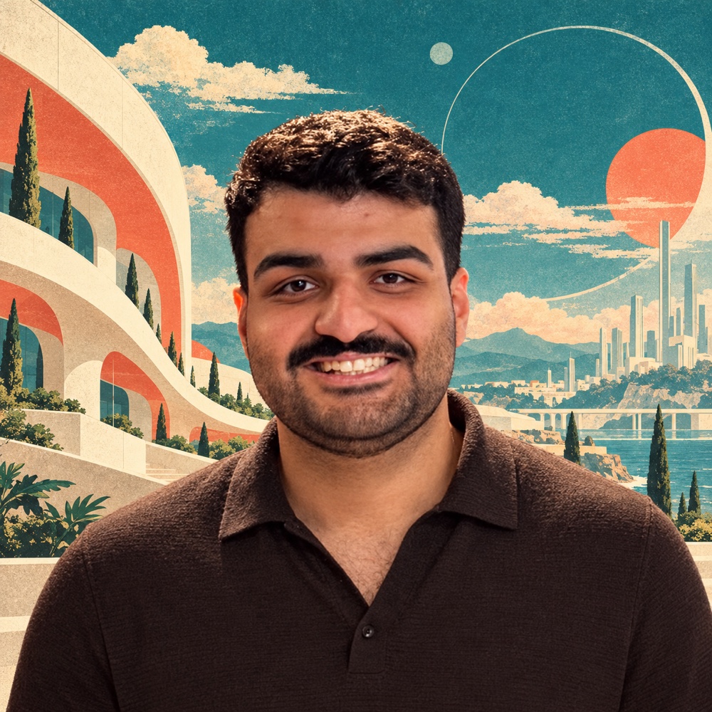 Mahan Rezapour in a surreal retro-futurist founders landscape