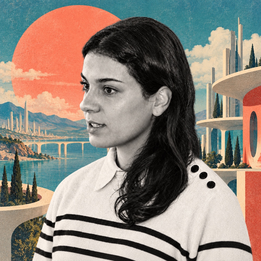 Mahshid Atabaki in a retro-futurist city landscape