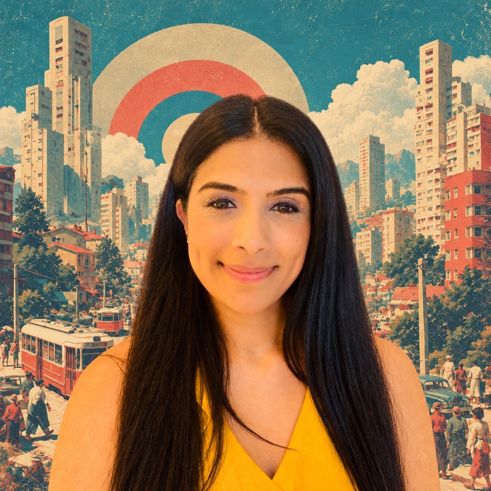 Reema Jethwa in a surreal retro city landscape