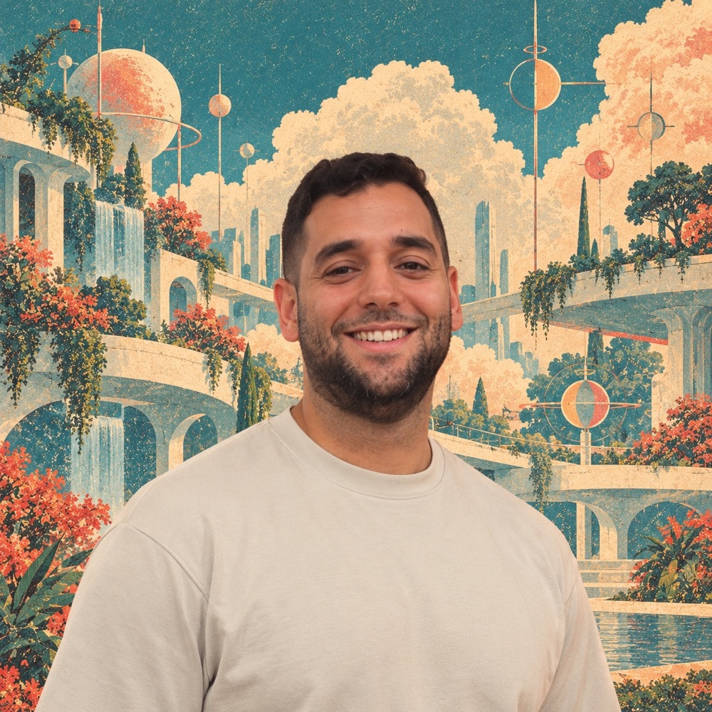 Samuel Faroun-Amin in a surreal retro-futurist data garden